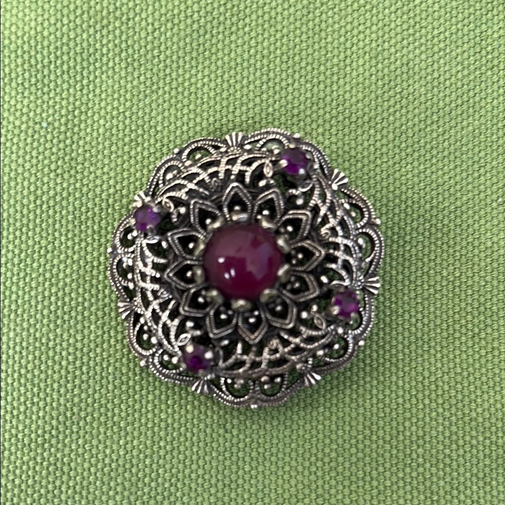 Purple and Silver Floral Filigree Brooch